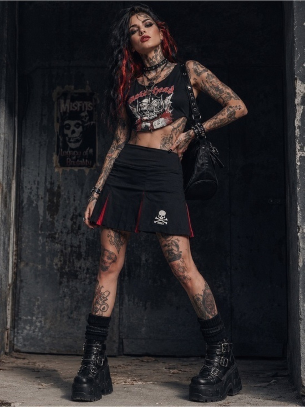 Toxico Skull Pleated Mini Skirt 12 Black Red Goth Punk Y2K Mall Goth Halloween